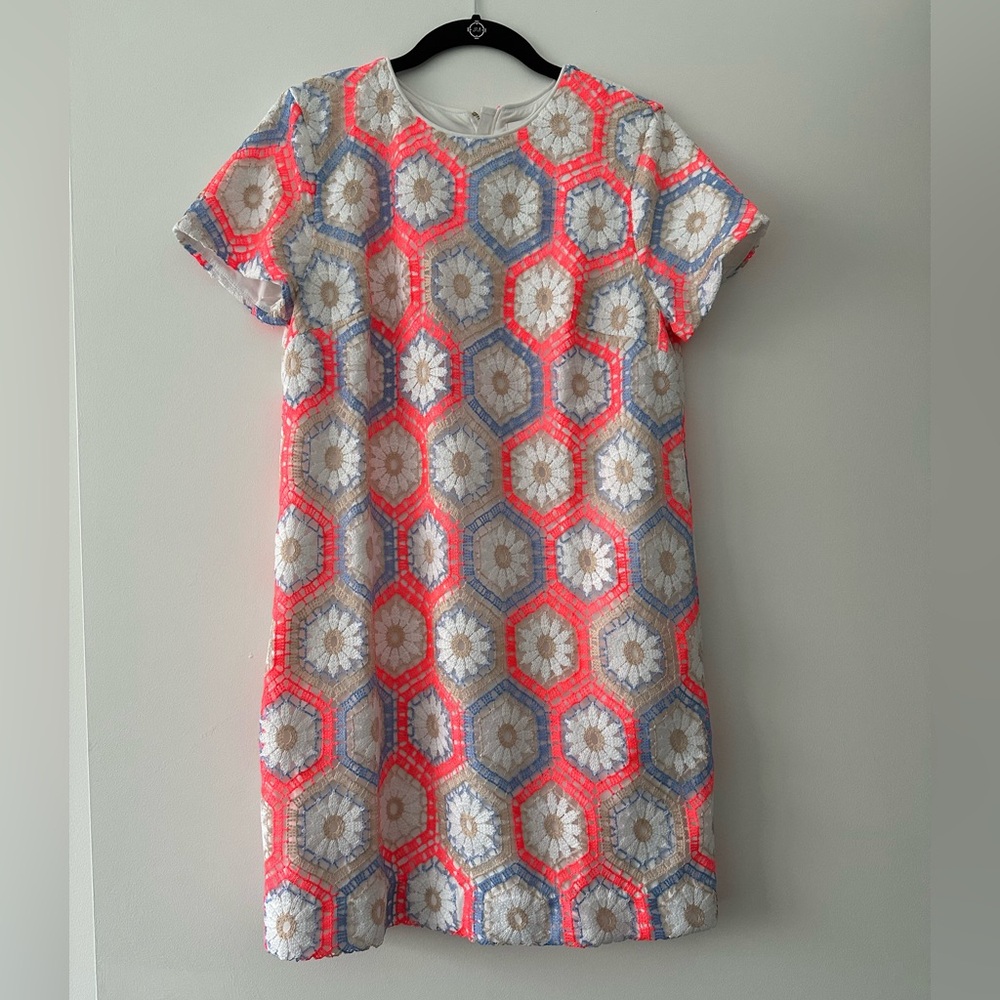 Lilly Pulitzer Coral, Blue & White Hexagon Floral Shift Dress